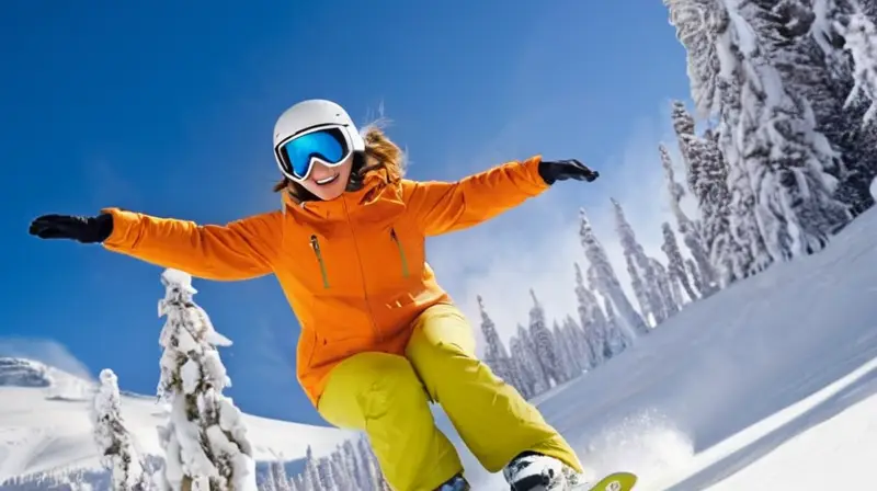 Un snowboarder en el aire sobre un paisaje montañoso nevado brilla bajo el sol