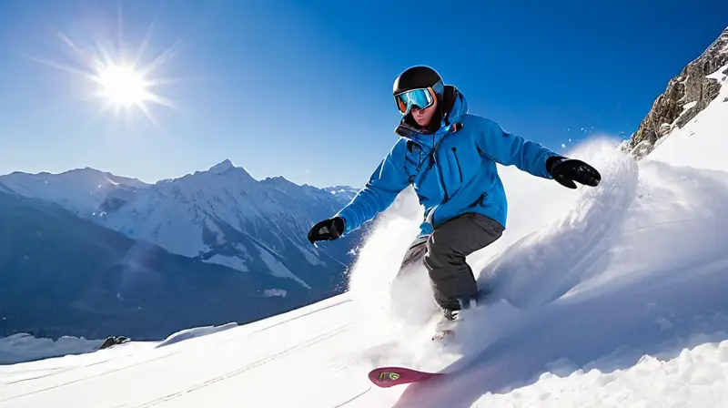 Craig Kelly snowboardea en una montaña nevada bajo un cielo azul, capturando la emoción del momento