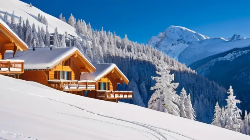 Un paraíso invernal con paisajes nevados, esquiadores vibrantes y acogedoras cabañas