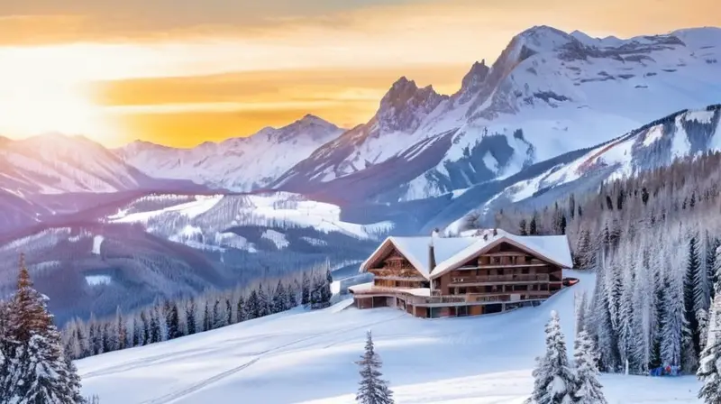 Un paisaje alpino impresionante con nieve, esquiadores, cabañas acogedoras y montañas bajo un cielo azul