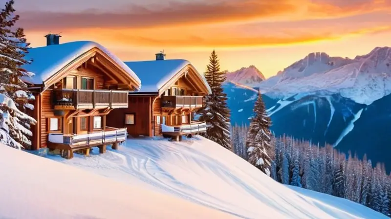 Un paisaje invernal vibrante y acogedor, lleno de esquiadores, chalets rústicos y un hermoso atardecer