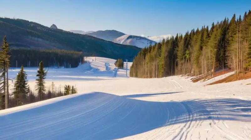 Un paisaje invernal de pistas de esquí cubiertas de nieve, árboles verdes y montañas lejanas, con esquiadores empaquetando y un ambiente de transición