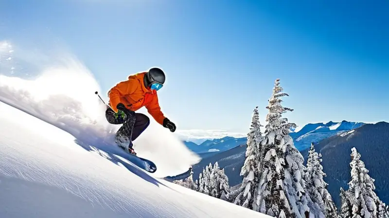 Un paisaje montañoso nevado con esquiadores y snowboarders disfrutando del sol y la nieve