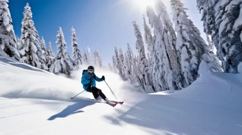 Un paisaje montañoso nevado con esquiadores y snowboarders en acción bajo un cielo azul y soleado