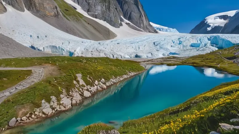 Un paisaje montañoso impresionante con glaciares, praderas verdes y senderos, donde la naturaleza y la actividad humana se entrelazan