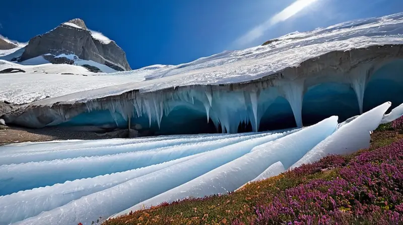 Entrada de una majestuosa cueva de hielo con paredes glaciares