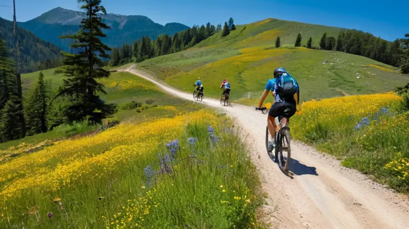 Ciclistas en colorido equipo recorren montañas verdes y senderos variados, disfrutando de la naturaleza y la camaradería