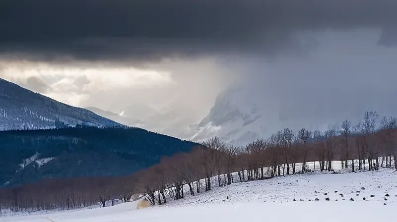 Nubes oscuras y amenazantes cubren el cielo sobre los Pirineos, creando un paisaje de contrastes entre la nieve, la vegetación verde y la inminente lluvia