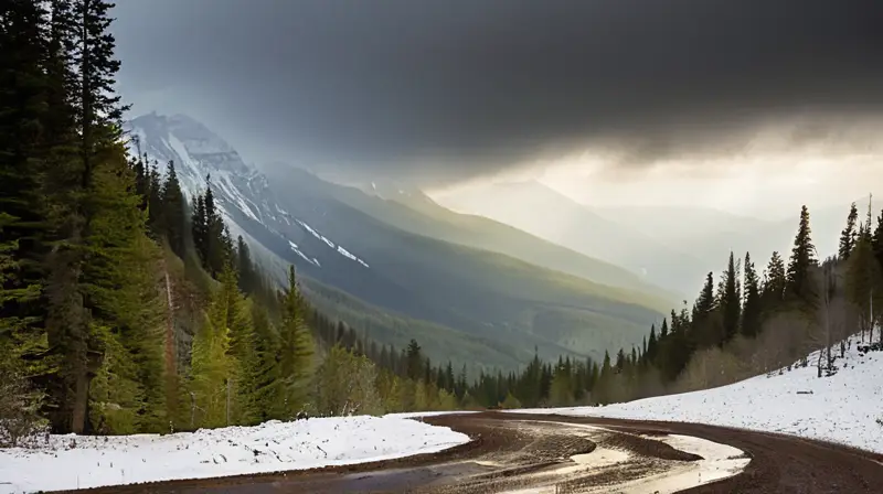 Un paisaje dramático de nubes oscuras, lluvia intensa, montañas en la bruma y nieve que contrasta con el ambiente húmedo