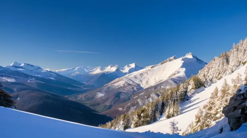 Un paisaje invernal sereno con montañas cubiertas de nieve, árboles verdes y un cielo azul brillante