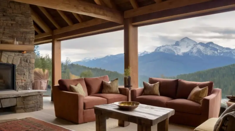 Un acogedor refugio de montaña con vigas de madera, luz natural, cómodos sofás, una chimenea de piedra y una decoración armoniosa en tonos tierra