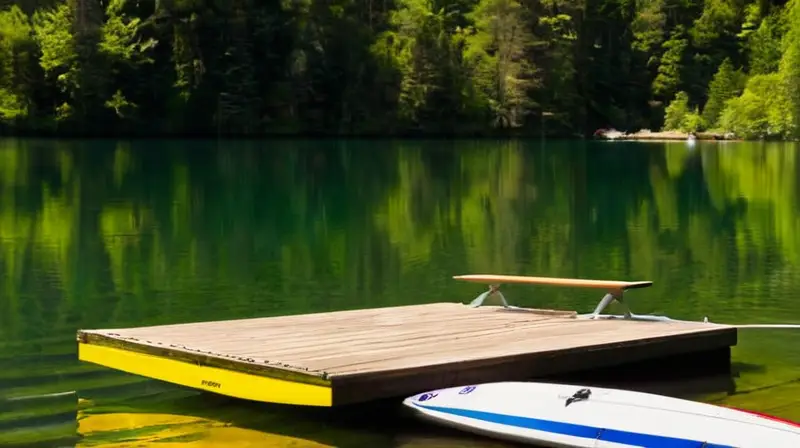 Un lago soleado con un muelle, esquís de agua, un esquiador preparándose y un ambiente de emoción