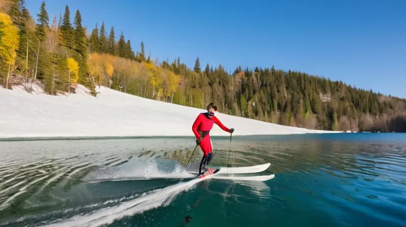 Un lago soleado con un esquiador en traje rojo surcando el agua