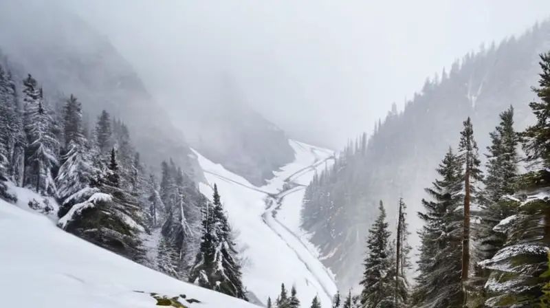 Un paisaje invernal sombrío y tenso, con nubes oscuras, nieve, montañas y un ambiente cargado de humedad y presagio