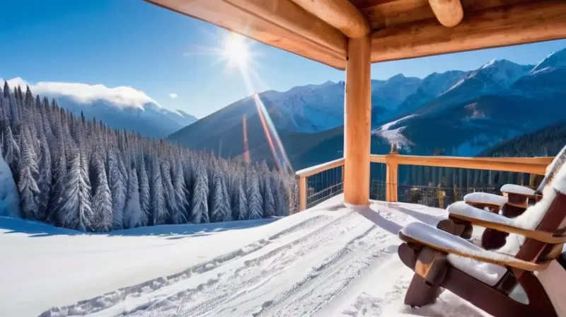 Un paisaje montañoso nevado con esquiadores felices, un chalet acogedor y un ambiente vibrante bajo un cielo azul