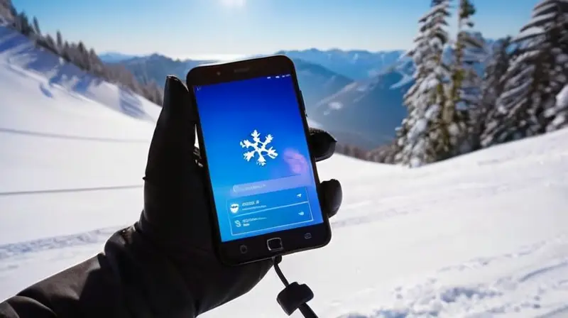 Un smartphone elegante en una mano enguantada muestra una vibrante interfaz de aplicaciones con un fondo de montañas nevadas y un cielo azul