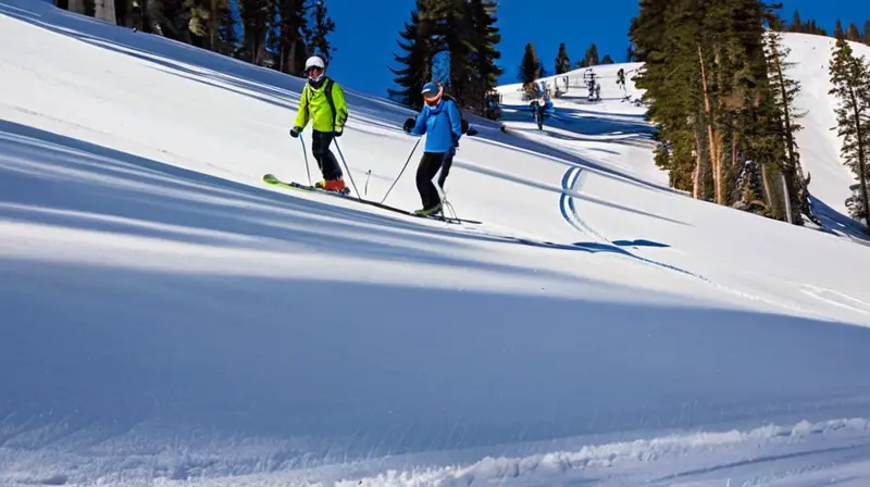 Una pista de esquí soleada con esquiadores enérgicos, banderas verdes ondeando y un paisaje de nieve brillante y montañas majestuosas