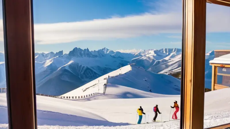 Un paisaje invernal vibrante y acogedor en una estación de esquí, lleno de montañas nevadas, esquiadores y chalets