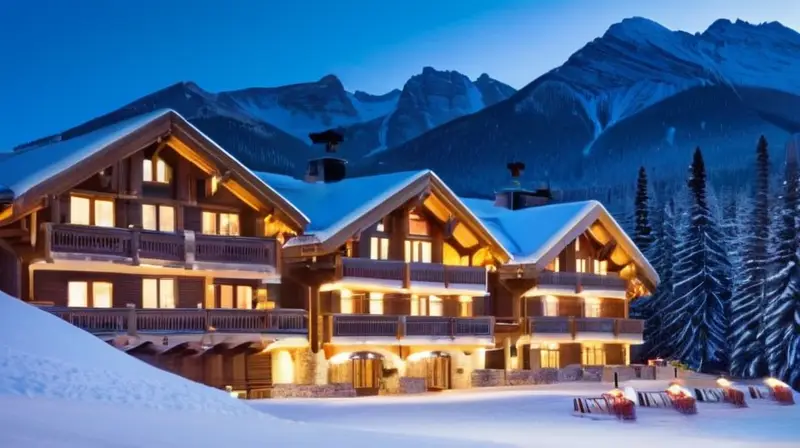 Un paisaje invernal idílico con montañas nevadas, chalets acogedores, esquiadores coloridos y un ambiente cálido al atardecer