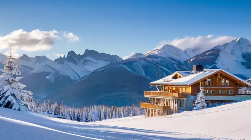 Un paisaje invernal de montañas nevadas, esquiadores en acción y cabañas acogedoras bajo un cielo azul