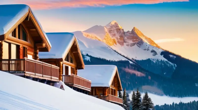 Un paisaje invernal con montañas nevadas, cielos azules, esquiadores coloridos y acogedores chalets