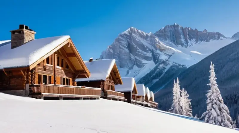 Un idílico paisaje invernal con montañas nevadas, un acogedor chalet y esquiadores disfrutando de la nieve bajo un cielo azul