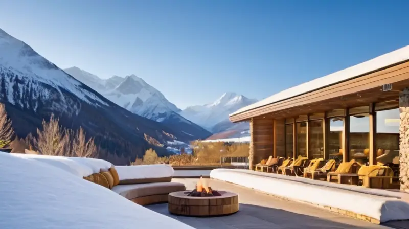 Un paisaje invernal sereno con montañas nevadas, un edificio moderno y un ambiente acogedor