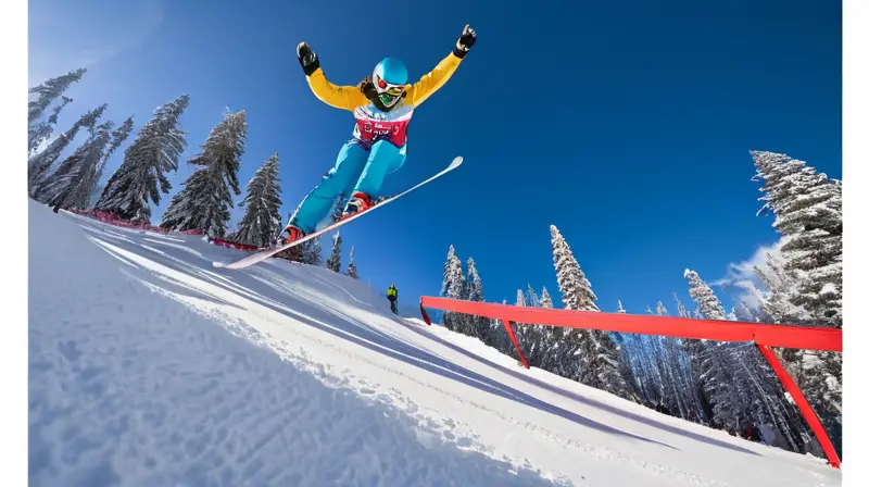 Un salto de esquí cubierto de nieve brilla bajo un cielo azul