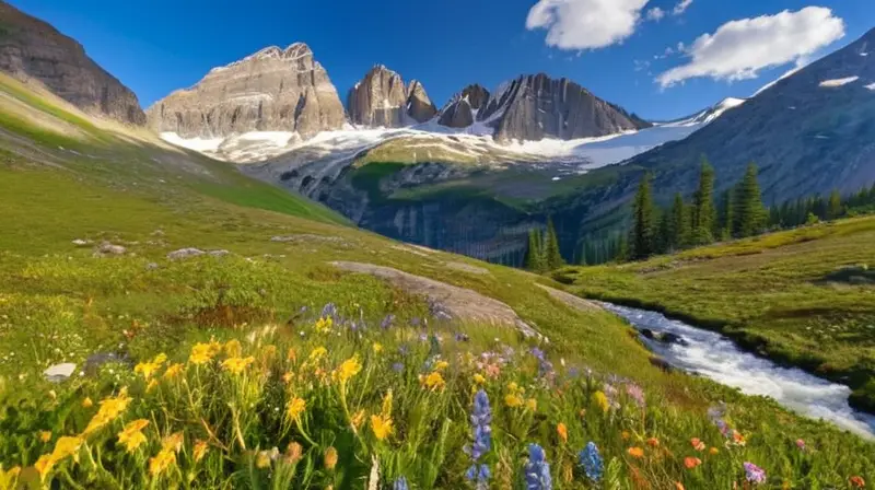 Un paisaje montañoso impresionante con picos nevados, praderas verdes, lagos cristalinos y una atmósfera de tranquilidad