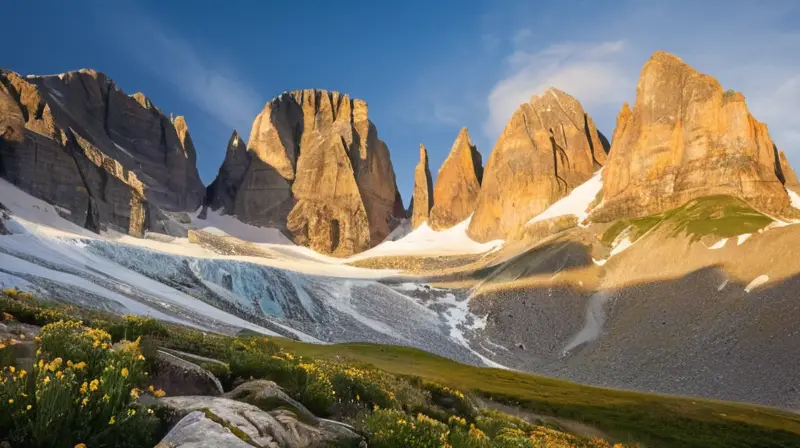 Un paisaje montañoso impresionante con picos nevados, valles verdes, escaladores coloridos y un juego dinámico de luz y sombra