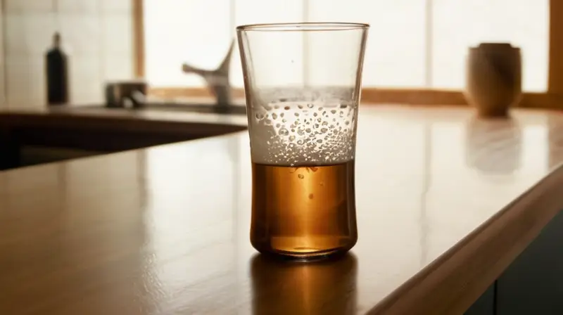 Un vaso de vidrio con agua caliente emite vapor en una cocina oscura, iluminado por la luz del sol que resalta su superficie y muestra un termómetro dentro