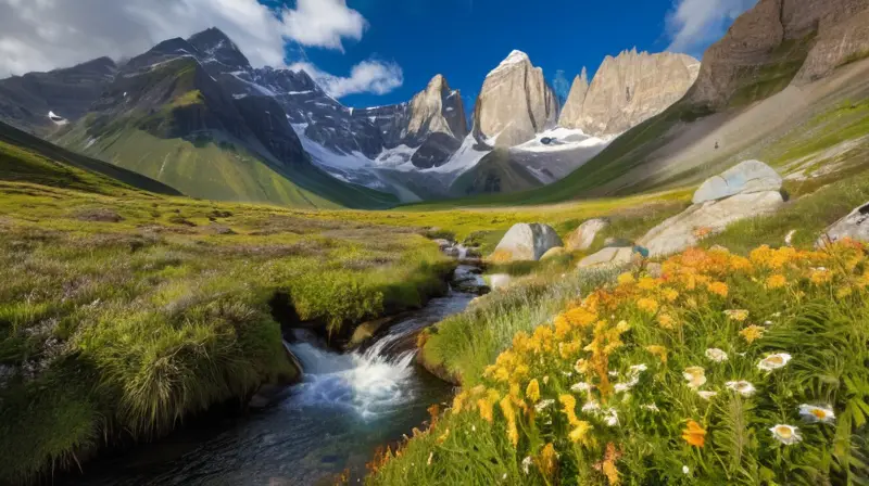 Un paisaje montañoso y exuberante con un río, flores silvestres y una cascada, que evoca tranquilidad y belleza natural