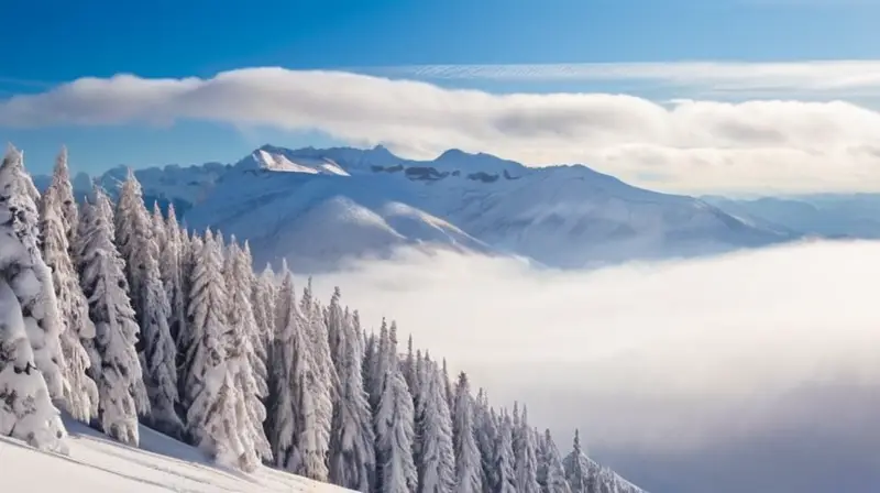 Un paisaje invernal de montañas nevadas, esquiadores coloridos y cabañas acogedoras bajo un cielo azul