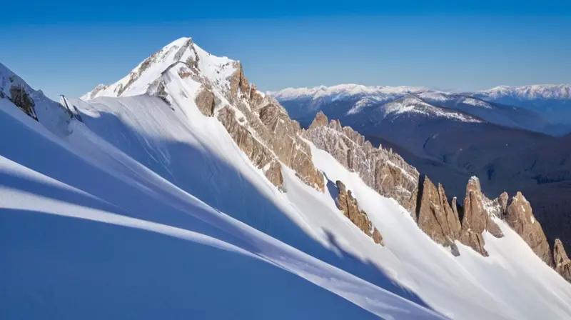 Un paisaje montañoso cubierto de nieve con esquiadores vibrantes en acción bajo un cielo azul y nubes blancas