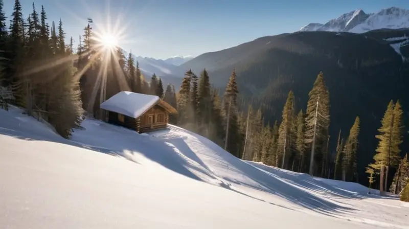 Un paisaje montañoso nevado con un refugio de madera, esquiadores en acción y un ambiente vibrante y acogedor