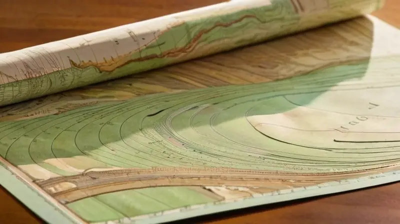 Un mapa topográfico detallado sobre una mesa de madera muestra contornos curvos en tonos verdes y marrones, con una regla y una brújula, iluminado por la luz natural que resalta sus texturas y sombras