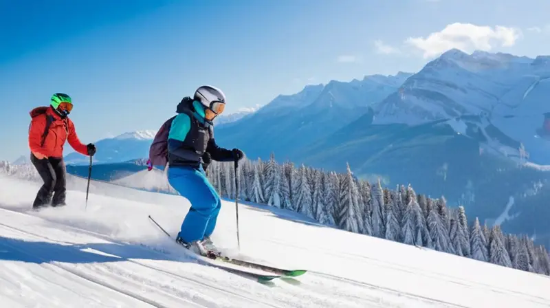 Una animada pista de esquí cubierta de nieve, con esquiadores de diversos tipos disfrutando bajo un cielo azul y soleado