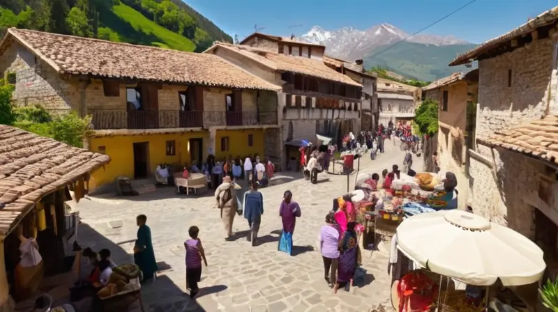 Un vibrante mercado en un pueblo montañoso, rodeado de picos nevados y valles verdes, lleno de color, vida y tradición