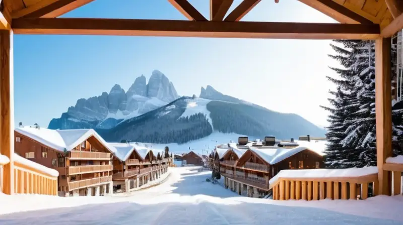 Un paisaje invernal con montañas nevadas, chalets acogedores, esquiadores coloridos y un ambiente animado