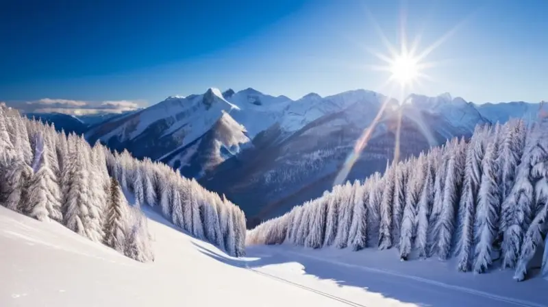 Un paisaje invernal con esquiadores en nieve brillante, montañas majestuosas y chalets acogedores