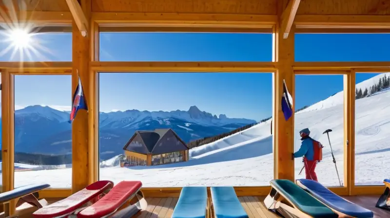 Un paisaje montañoso nevado con esquiadores disfrutando de las pistas, un acogedor lodge de madera y un ambiente inclusivo