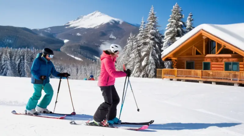 Un paisaje invernal con montañas nevadas, esquiadores adaptados y un ambiente alegre y acogedor