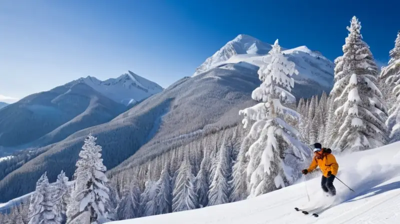 Un paisaje invernal vibrante con esquiadores en acción, montañas nevadas y cabañas acogedoras