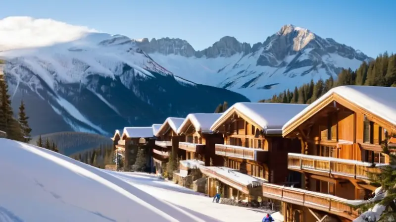 Un paisaje invernal con montañas nevadas, esquiadores, cabañas acogedoras y un cielo azul brillante