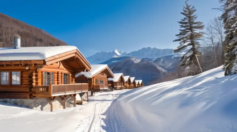 Un paisaje invernal sereno con montañas nevadas, esquiadores coloridos y cabañas acogedoras