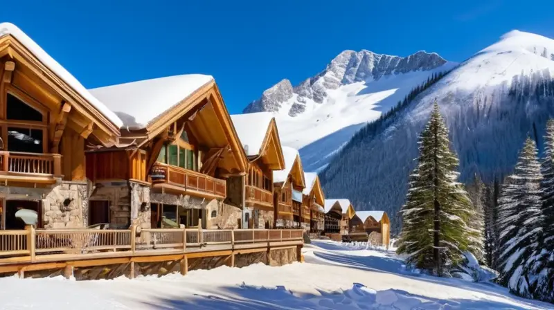 Un vibrante paisaje de montaña cubierto de nieve, con esquiadores en acción y un acogedor lodge de madera