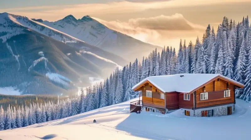 Un paisaje invernal vibrante con esquiadores, árboles cubiertos de nieve, montañas lejanas y chalets acogedores bajo un cielo azul