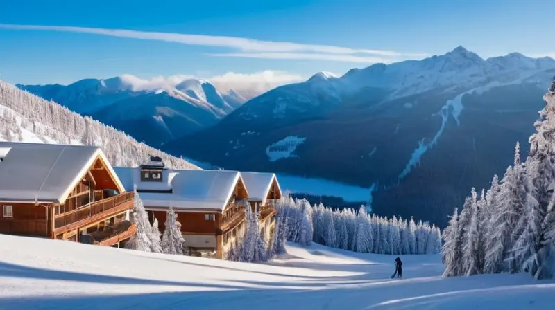 Un paisaje invernal vibrante con esquiadores en coloridos trajes, montañas cubiertas de nieve y acogedoras cabañas