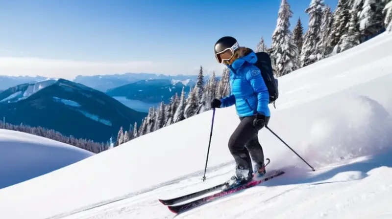 Una mujer embarazada en un traje de esquí se encuentra serena en un paisaje nevado, rodeada de montañas y árboles, mientras cae suavemente la nieve