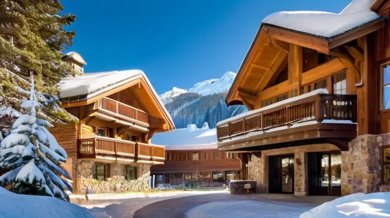 Un paisaje invernal con montañas nevadas, esquiadores coloridos, un acogedor aparthotel y un ambiente sereno